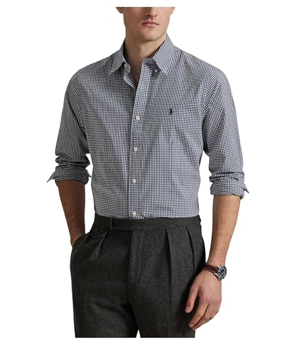 Image of Polo Ralph Lauren Men's Classic Fit Gingham Stretch Poplin Shirt, Newport Navy White, Large