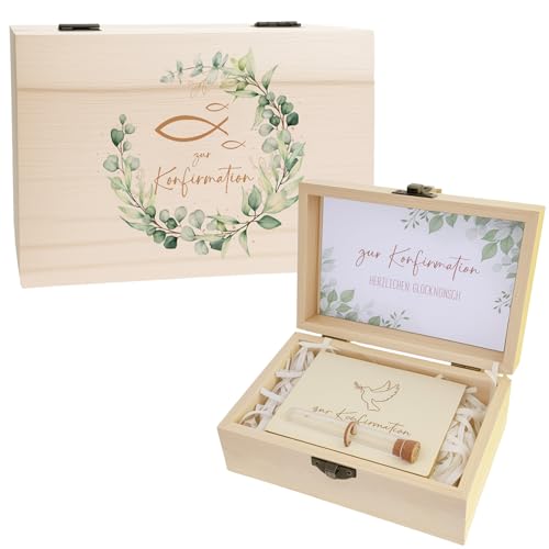 Konfirmation Geschenke Geldgeschenke Verpackung Jungen Mädchen Holzbox mit Eukalyptusblätter Grußkarte Holz Geldgeschenke für Konfirmation