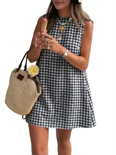 Black Mini Dress Casual Retro Plaid Gingham Dress Short Mini Sundresses BKS