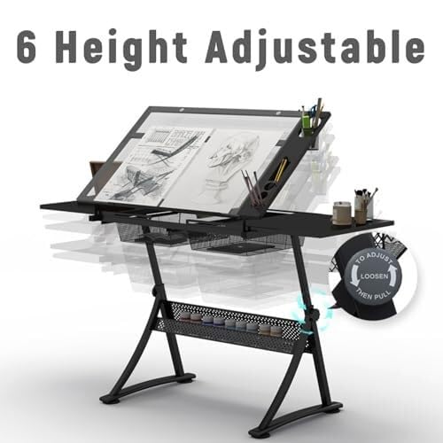 OTQEFTN Adjustable Drafting Desk with 0°-50° Tiltable Glass Top, Artist Workstation with Storage, Height Adjustable, for Home Office & Study Room