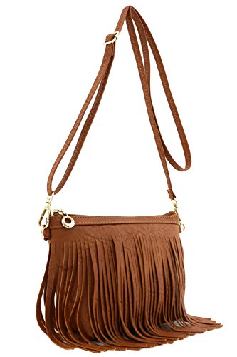 Small Fringe Crossbody Bag with Wrist Strap (Tan)