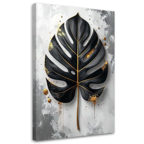 Lienzo de monstera negra y detalles dorados, cuadro botánico moderno de 40 x 50 cm