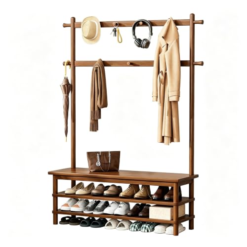 Wamhom Hall Tree Bench Shoe Storage Organizer 11 Hooks, Mudroom hallway entryway, Freestanding durable construction, Family daily use, Space saving