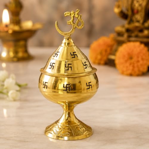 Image of Brass Pooja Diya with Om Top | Traditional Akhand Jyot Deepam, Temple Decor & Diwali Decoration, Brass Oil Lamp, 4.5 x 3 x 3 cm