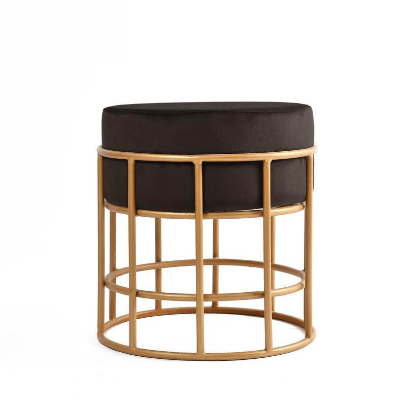KNOTS N PINE Royal Pattern Metal Base Ottoman Pouffes Sitting Comfortable Stool for Living Room Metal Side Table Puffy Cushion Velvet Fabric Soft Upholstered Vanity Dressing Puffy Footstool (Black)