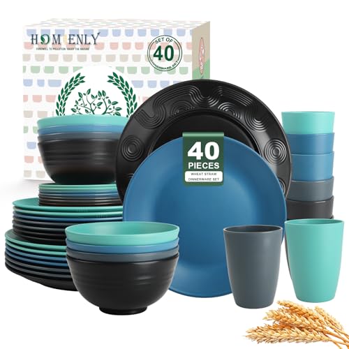 Image of Homienly 40 PCS Premium Wheat Straw Dinnerware Sets, Reusable Unbreakable Plates and Bowls Set, Cups Sets, Service for 8, Microwave and Dishwasher Safe Dishes Set for Party, Outdoor (Nightscape)
