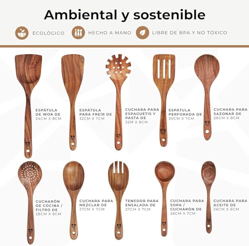 Utensilios de Cocina Madera 10 Pzas para Cocinar - Set de Espátulas y Cucharones de Cocina - Madera de Teca, Antiarañazos. Accesorios Cocina con Agarre Cómodo para Sartenes Antiadherentes - imagen 4