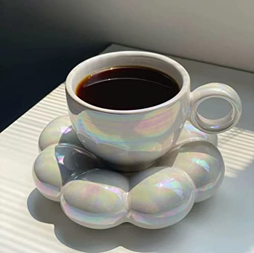 Ariskey Cloud Mug Ceramic Coffee Mug With Sunflower Coaster- Flower Mugs Novelty Coffee Mug Set With Saucer And Spoon- 6.5 Oz/200 Ml Creative Mug For Latte Milk And Tea- Pearl White #TOP3