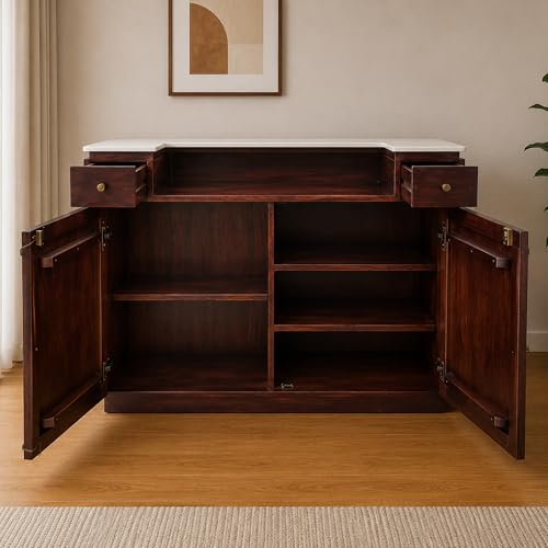 Image of The Attic Jalsa Bar Cabinet, Walnut Finish | Hard and Soft Drinks Storage, Wine Whisky Scotch, Round Bar for Home