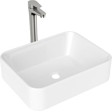 Lordear 19"x15" Bathroom Vessel Sink and Faucet Combo Modern Rectangle Above Counter White Porcelain Ceramic Vessel Vanity Sink Art Basin & Brushed Nickel Faucet Combo