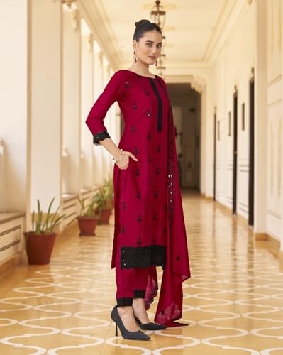 Image of Shaily Premium Silk Blend Embroidered Tailored Kurta with Pants and Dupatta Set | Ethnic Set | 3-Piece Suit Set | Haldi and Wedding Suit Set for Women