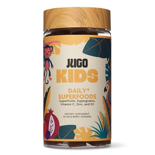 JUGO Kids Daily + SUPERFOODS Multivitamin Gummies for Picky Eaters with Super Greens & Super Fruits, Vitamin C, A, and Zinc Supplements with Biotin, Gluten-Free, Non-GMO, 50 Count