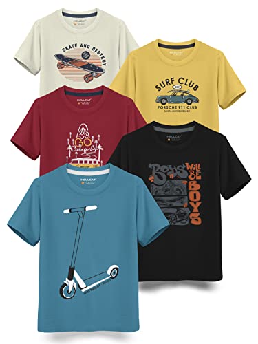 Image of HELLCAT Boys Round Neck Printed Blended Cotton Tshirt -Combo Pack of 2 - Orange /Blue