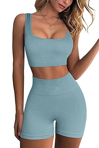 Yanekop Womens 2 Piece Ribbed Seamless Yoga Sets Crop Tank High Waist Shorts Leggings Outfits Workout(D-Blue,M)