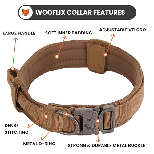 Image of Wooflix Metal Dog Collar for Training and Walks | Nylon Collar with Tactical Metal Buckle and D-Ring for Medium and Large Dogs | Dog Collar for Heavy Breed Dogs (Beige, Medium)