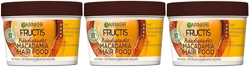 Garnier Fructis Hair Food Macadamia Mascarilla capilar 3 en 1, sin siliconas, para una sensación natural del cabello, (3 x 390 ml)