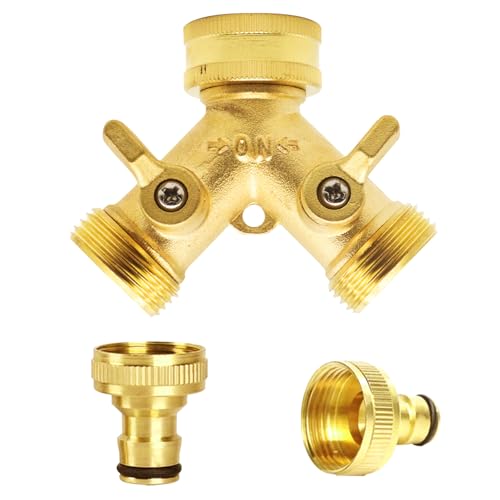2 Way Garden Brass Hose Faucet Splitter Double Way 3/4 Garden Hose Tap Connector Individually Controllable Valves with 2 Quick Connector for Hose Pipe Irrigation Tool Fitting