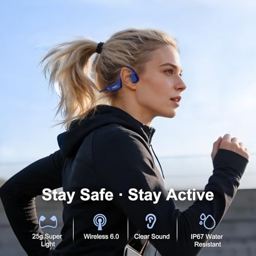 IFECCO Knochenschall Kopfhörer Bluetooth 6.0 - IP67 Wasserdicht Bone Conduction Headphones mit Mikrofon, Lange Akkulaufzeit, Open Ear Kopfhörer Kabellos für Fitness Radfahren Läufer (Blau)