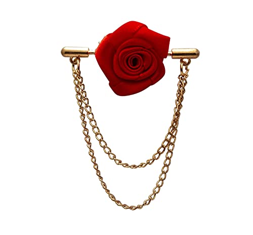 Knighthood Brooch Pin Red Rose with Double Hanging Chain Brooch Suit Stud Lapel Pin