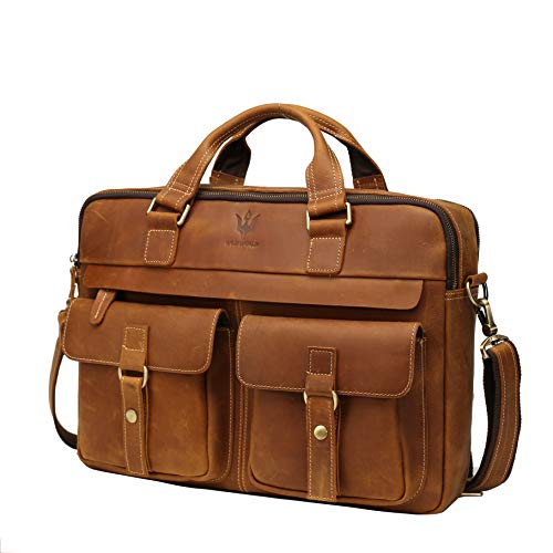 Limited Discount WILD WORLD Leather Laptop Briefcase Shoulder Bag for Men Large Capacity Messenger Business Bag Handbag Fit Up to 17 Inch Laptop Computer (Brown)