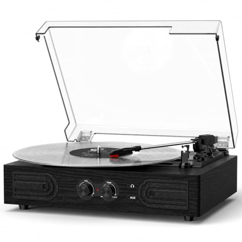Image of Vinyl Record Player with Built-in Speakers 3-Speed Vintage Record Player Support Treble& Bass Control, Headphone Jack,RCA-Out /Aux in, Belt-Driven LP Turntable,Black Wood