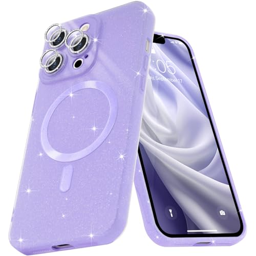Micoden Funda magnética para iPhone 15 Pro MAX Compatible con MagSafe Carga Inalámbrica Shock-Proof Funda para cámara Glitter Silicona TPU Suave,Morado