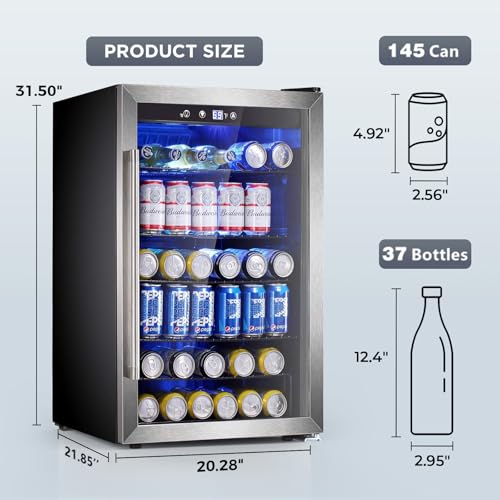 Wine Cooler 37 Bottle Freestanding Fridge with Stainless Steel Reversible Glass Door, 145 Can Beverage Refrigerator Quiet Compressor for Home Kitchen Bar, 4.5 Cu.ft Silver on Fridge.com