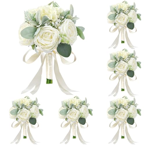 HOMENERGY Set of 6 Bridesmaid Bouquets for Wedding - Silk Artificial Ivory Bridesmaid Flowers Pre-Made Roses Sage Green Boho Bridal Floral for Bride Party Ceremony Anniversary Decoration - 9inch