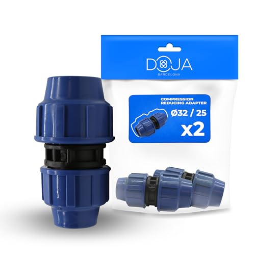 DOJA Barcelona Connecteur Réducteur pour Tuyau d’Eau PE - 32mm x 25mm - Pack 2 - Installation Rapide, Raccord Compression MDPE, Évite Fuites - Manchon Réduction Plastique, Robuste pour Conduite