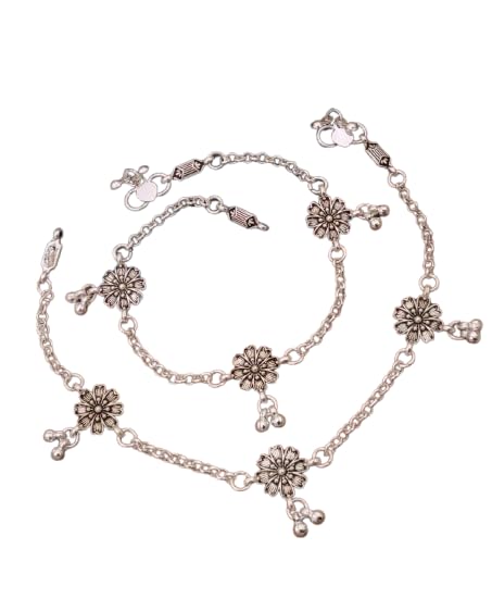 Traditional Silver Tone Floral Payal for Women & Girls | Oxidised Anklet with Ghungroo Charms | Adjustable Ethnic Foot Jewellery for Festive, Wedding & Daily Wear (Pair)-image-19
