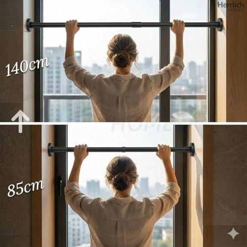 Image of Herrlich Homes (85 to 140 cm Extendable Shower Curtain Tension Rod | Non-Drilling Anti-Skid Spring Pull Rod | Adjustable Size | with Rubber Pads | Stainless Steel | Black | 1 Piece