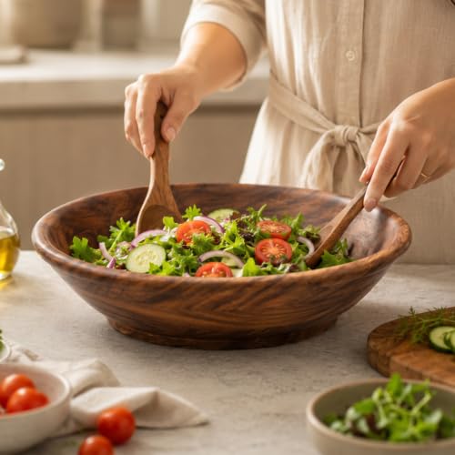 Mahomade Wooden Bowl Big Size, 12 inches Diameter, Mixing Bowl, Fruit Bowl, Multipurpose for Serving, for Salad, Mixing Dough, (Extra Large)