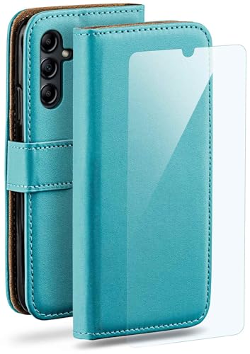Housse Samsung Galaxy A14 avec support vidéo et rangement de carte turquoise