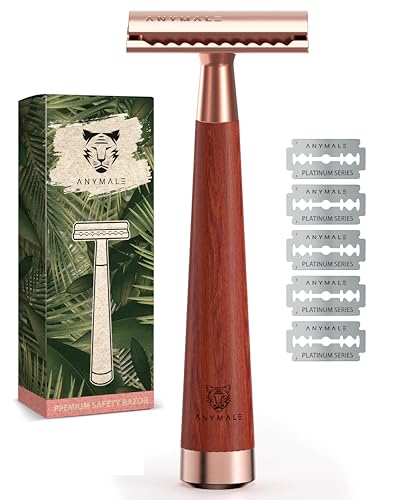 ANYMALE® Rasoio in oro rosa in legno di sandalo – Set da donna con 5 lame ASTRA – Rasoio senza plastica per una rasatura delicata a umido