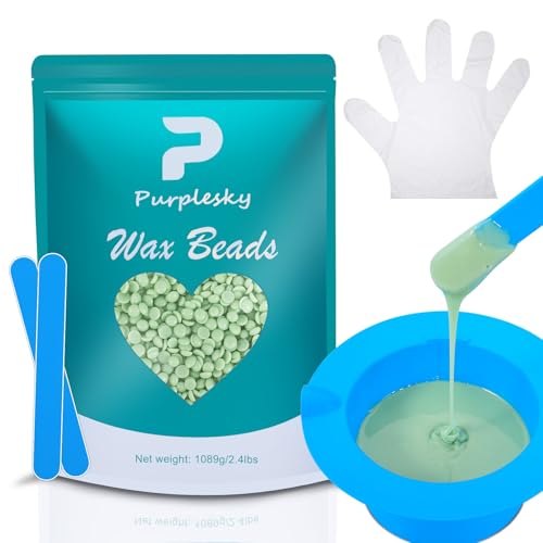 PURPESKY Wax Beads Bulk, 2.4lbs Hard Waxing Beans for Hair Removal, Brazilian Coarse Wax for Face, Leg, Bikini, Home Waxing Kit with Collapsible Bowl/Pot &amp; Collapsible Bowl (Tea Tree)