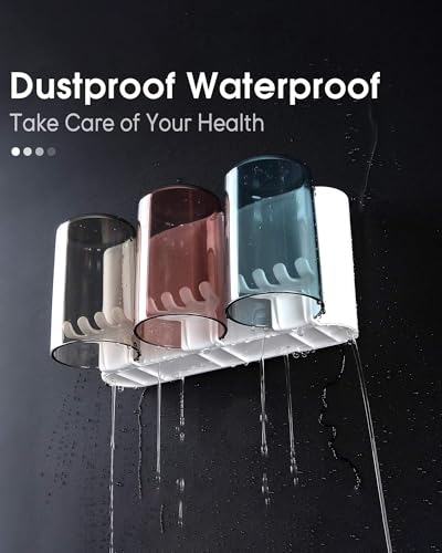 Image of Wall Mounted Toothbrush Holder for Bathroom with 3 Cups | Dustproof Toothbrush Organizer Stand | BPA-Free Bathroom Storage Shelf for Toothbrush, Toothpaste, Comb & Razor | Self Adhesive