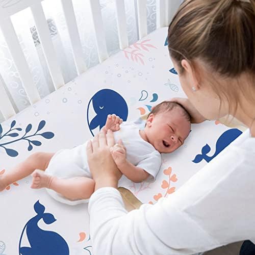 Aolso Crib Fitted Sheets, 2pcs Crib Baby Sheet Set 84x41cm, Cot Bed Sheets Baby Bassinet Sheets for Boy and Girl, Fitted Crib Sheets for Bedside Cribs, Breathable, Lightweight (Whale/Seal)