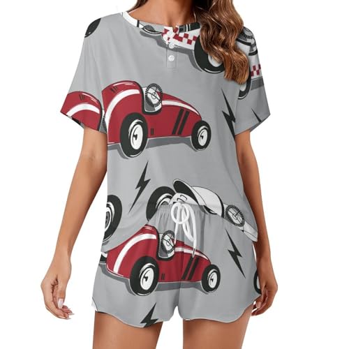 Pyjama court femme imprimé voiture en coton léger pour l'été