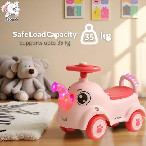 Image of Storio Elephant Baby Ride-On Car Toy with Light and Music - Pink | Push Car for Kids with Backrest & Steering, 1-3 Years