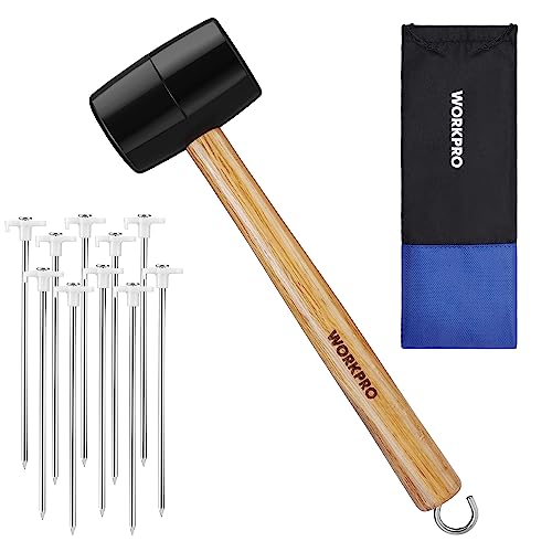 WORKPRO-Tent-Stakes-and-Hammer-Set-16oz-Rubber-Mallet-Hammer-Wooden-Handle-10PC-Heavy-Duty-Metal-Tent-Stakes-and-Storage-Bag-DIY-Woodworking-Camping-Accessories-for-Ground-Camp-and-Graden