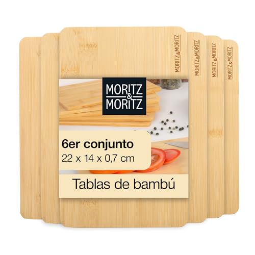 Moritz & Moritz Tabla de desayuno de bambú, juego de 6 tablas de cortar de madera, antibacterianas, resistentes y respetuosas con los cuchillos, versátil como tabla de madera para cocina, tabla de pan