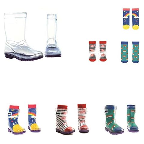 Squelch Childrens Welly Boot Package - Kids Wellington Boots - Includes 1 Pair of Wellies Rainboot & 3 Pairs of Funky Kids Socks (One Size, Tots Pack 3 (Ages 1-2), UK Kids 5) Cover