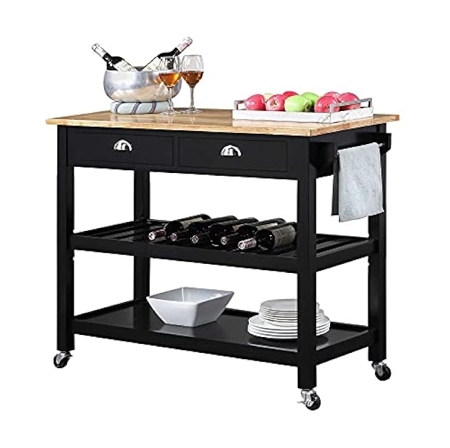 Convenience Concepts American Heritage 3 Tier Butcher Block Kitchen Cart with Drawers, Black/Butcher Block-UVIYdLip