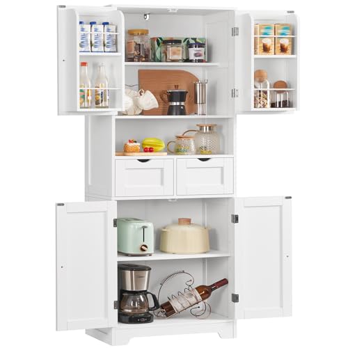 TEENFON Alacena de Cocina Alta y Despensa, Armario de 4 Puertas con 2 Cajones, Estantes Ajustables y 2 Organizadores de Puerta, Gran Armario Despensa y Aparador para Cocina, Salón, 161cm, Blanco