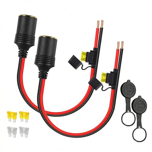 YIWOFUWO 2-Pack 13AWG Heavy Duty Car Cigarette Lighter Socket with 20A Fuse 12V 24V Female Socket to Bare Wire Open End Cable 1FT Replacement Power Cord for Inverter Air Pump Car Fridge