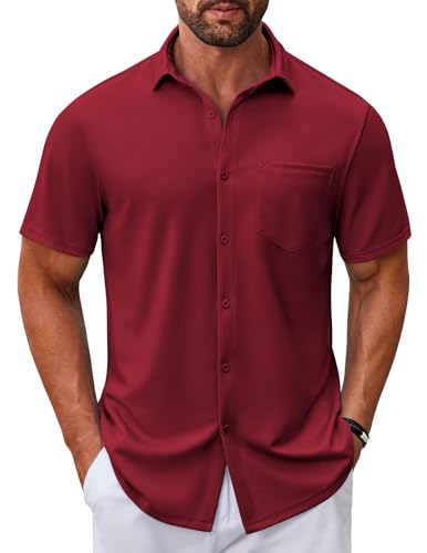 COOFANDY Button Down Shirt Men Short Sleeve Mens Short Sleeve Button Down Shirts Red