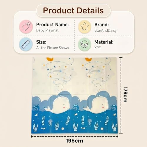 Image of StarAndDaisy Foldable Baby Play Mat 6 x 6.5 ft, 8MM Thick XPE Foam Playmat, Reversible 2-in-1 Design, Lightweight Cushioned Floor Mat for Crawling, Playing & Learning