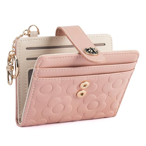 RFID Wallet Women,Slim Small Wallets Embossed Flower Leather Bifold Compact Ladies Girls Wallet with Credit Card Holder Zipper Coin Pocket Pink