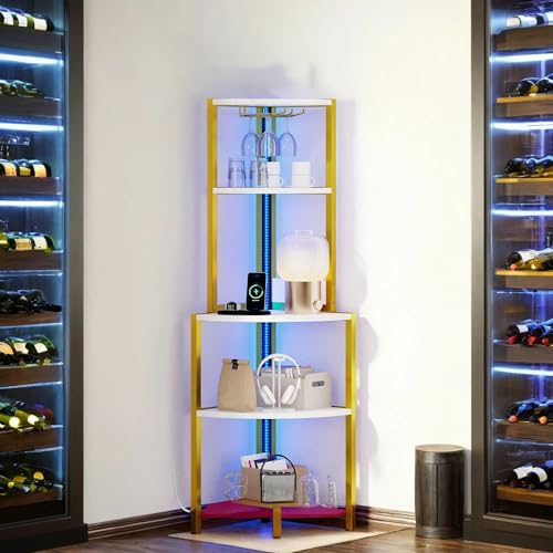 DWVO Corner Shelf with Power Outlets & LED Lights & Glass Holder, 5 Tier Corner Bar Rack, Vintage Wine Rack Display Shelves for Living Room, Dining Room, Kitchen, Gold