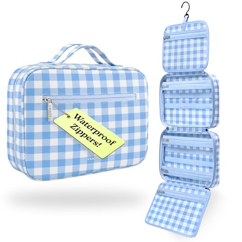 VANDEL Waterproof Hanging Toiletry Bag for Travelling, Hanging Makeup Organizer Bag, Cosmetic Travel Bags for Women, Makeup Case Toiletries Organizer Hygiene Bathroom Shower Caddy - Blue Gingham